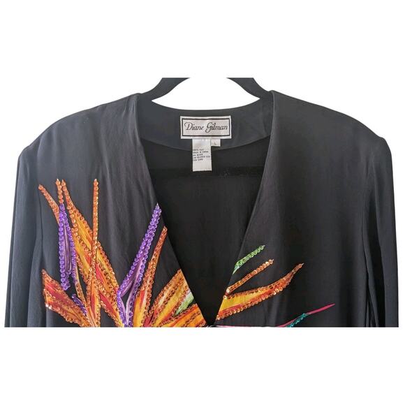 VTG Diane Gilman Silk Top L Sequin Tropical Flowers Cheetah Print 90s Maximalist - Picture 8 of 15